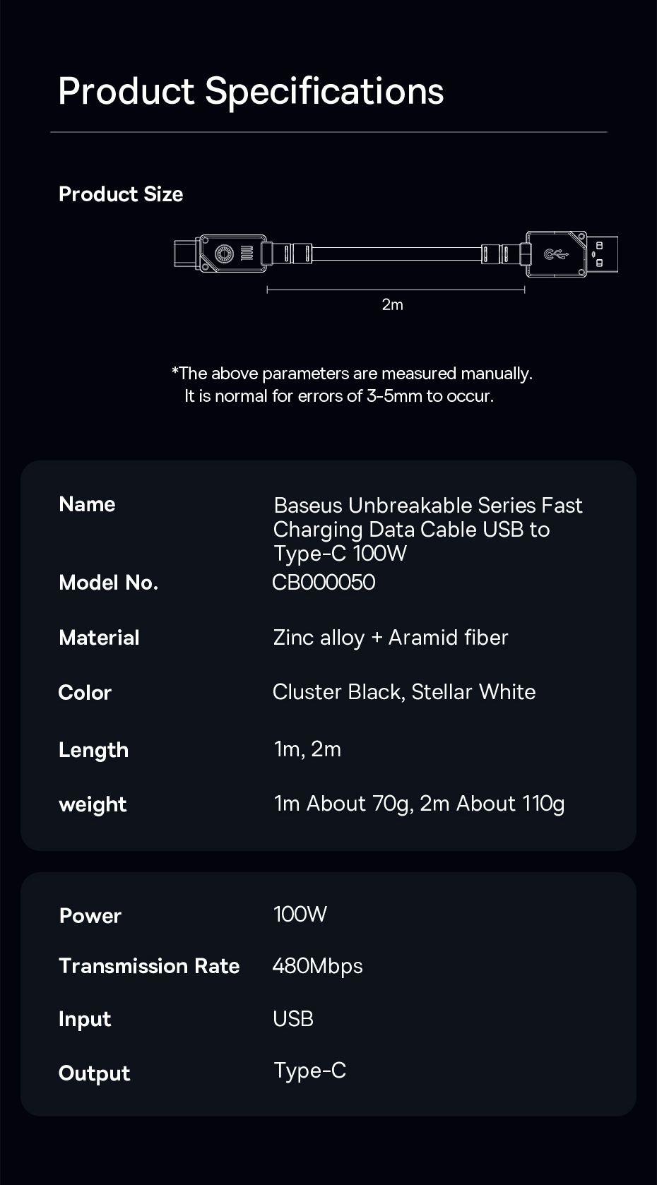 Cáp Sạc Nhanh Baseus Unbreakable Series USB Type C 100W (Fast Charging Data Cable )